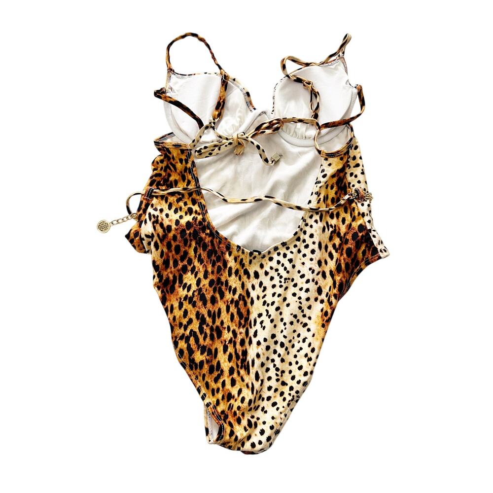 RIVER ISLAND Strappy Chain Belt Plunge One Piece Swimsuit Leopard US 8 - Picture 4 of 4